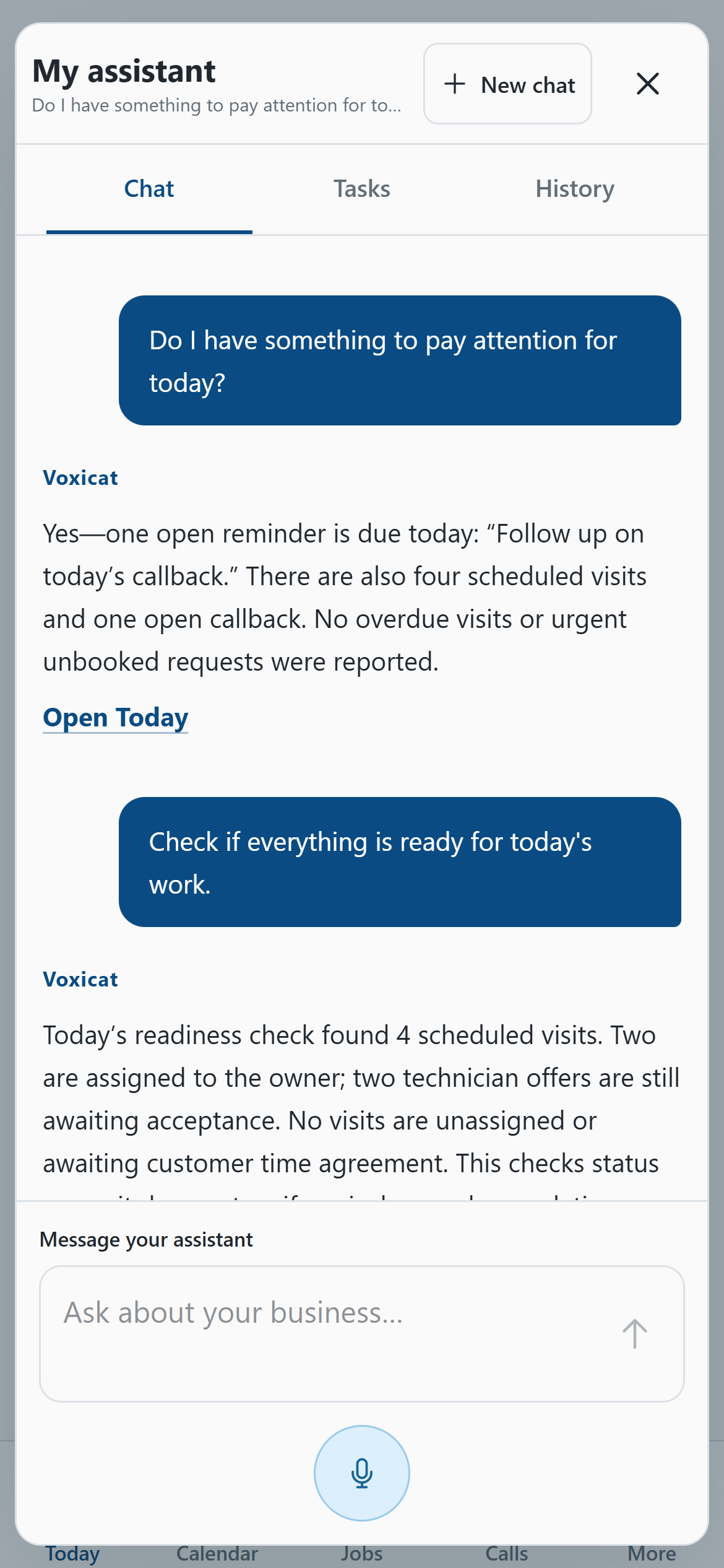 Real Voxicat assistant conversation reviewing today's scheduled visits and offers awaiting acceptance
